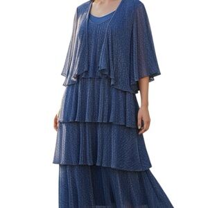 Ignite Evening Blue 2pc Tier Ruffled Shimmery Glitzy Blue Dress. Sz 14W.